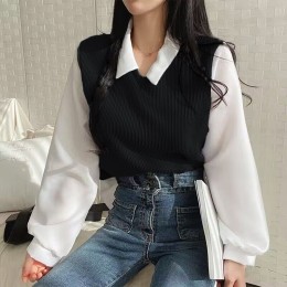 페이크카라 배색 니트 블라우스
