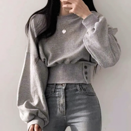 버튼 허리핏 크롭 맨투맨