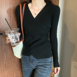 브이넥 랩 골지 긴팔 니트