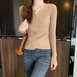 브이넥 랩 골지 긴팔 니트