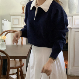 배색 카라 숏 긴팔 니트