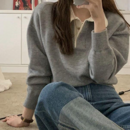 배색 카라 숏 긴팔 니트