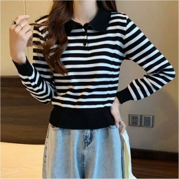 데일리 배색 카라 단가라 긴팔 니트