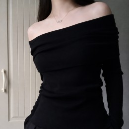 슬림 오프숄더 니트 긴팔 티셔츠