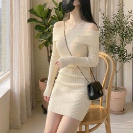 골지 오프숄더 미니 원피스