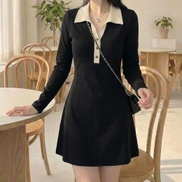 배색 카라 버튼 블랙 미니원피스