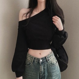 원숄더 크롭 긴팔 티셔츠