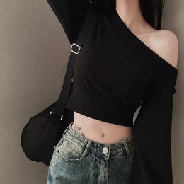 원숄더 크롭 긴팔 티셔츠