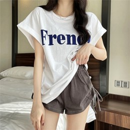 프렌치 레터링 롤업 반팔 티셔츠