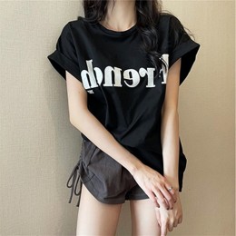 프렌치 레터링 롤업 반팔 티셔츠