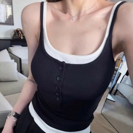 배색 레이어드 버튼 슬리브리스 탑