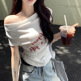 오프숄더 레터링 슬림 반팔티