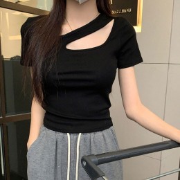 쇄골 트임 크롭 반팔티셔츠 2color DK-0358