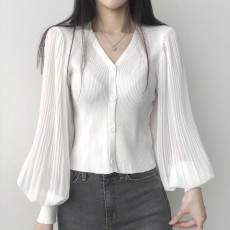 브이넥 퍼프 플리츠 블라우스 골지 가디건 DK-0175