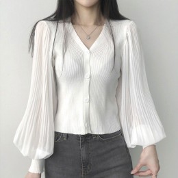 브이넥 퍼프 플리츠 블라우스 골지 가디건 DK-0175