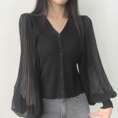 브이넥 퍼프 플리츠 블라우스 골지 가디건 DK-0175