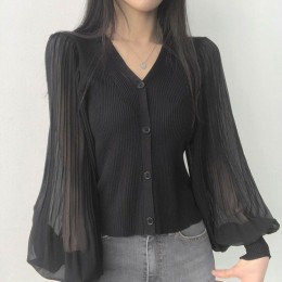 브이넥 퍼프 플리츠 블라우스 골지 가디건 DK-0175