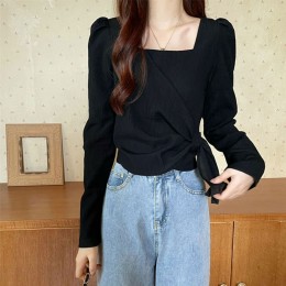 스트랩 스퀘어넥 플리츠 블라우스 2color DK-0196