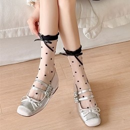 시스루 망사 도트 리본 중목양말 3color DK-0640