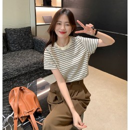 여성 반팔 티셔츠 여자 루즈핏 단가라 라운드 반팔티