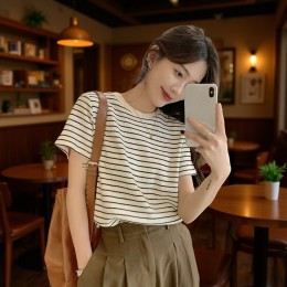 여성 반팔 티셔츠 여자 루즈핏 단가라 라운드 반팔티