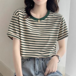 여성 캐주얼 스트라이프 반팔 티셔츠 루즈핏 라운드넥