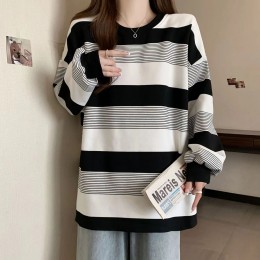 여성 오버핏 긴팔 티셔츠 스트라이프 라운드넥