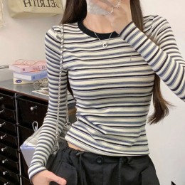 여성 가을 슬림핏 긴팔 스트라이프 캐주얼 티셔츠