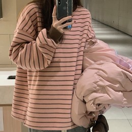 여성 핑크 스트라이프 긴팔티 루즈핏 스웨트 셔츠
