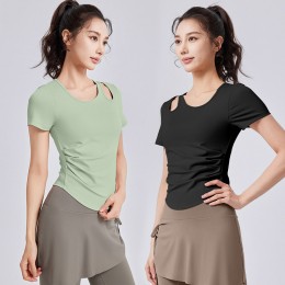 어깨펀칭 셔링 반팔 요가복 ELC-1031