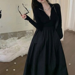 하프 집업 니트 믹스 롱 원피스 긴팔 반집업