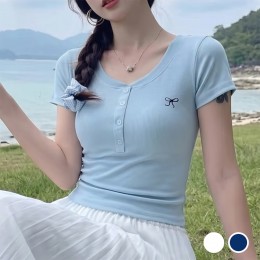 리본 버튼 반팔 티셔츠 골지 나들이룩