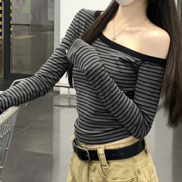 오프숄더 스트라이프 티셔츠 언발란스 데일리