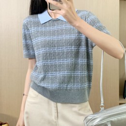 카라 스트라이프 꽈배기 니트 반팔티