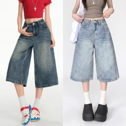 어반 와이드 버뮤다 팬츠 청바지 여름 워싱 바지