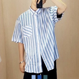 남성 스트라이프 린넨 오버핏 데일리룩 반팔셔츠