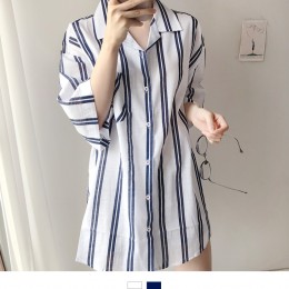 여성 네이비 린넨 스트라이프 비치커버업롱셔츠