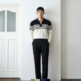 남성 배색 스트라이프 카라 니트 데일리코디