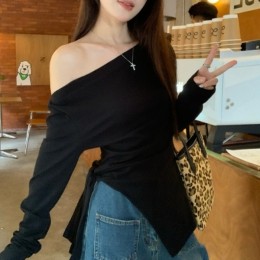 오프숄더 언발란스 허리끈 슬림핏 긴팔 티셔츠 HES-068
