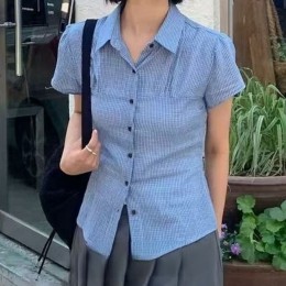 체크 슬림 크롭 셔츠