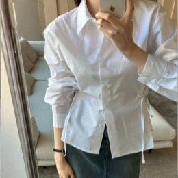 허리 리본스트링 카라 셔츠