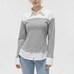 카라 배색 스트라이프 티