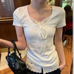 레이스 리본 슬림 반팔티