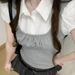셔링 조끼 레이어드 카라 퍼프 소매 블라우스 셔츠
