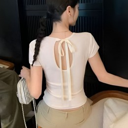 슬림핏 백리본 쫀쫀 U넥 스판 데일리 반팔티