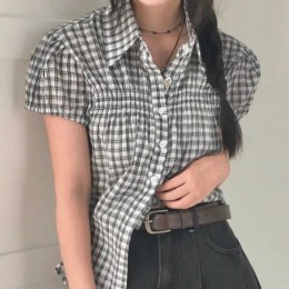 체크 퍼프 가슴 셔링 반팔 블라우스