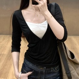 레이스 레이어드 랩 브이넥 티셔츠 슬림핏 7부