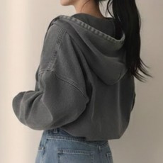 워싱 데님 크롭 후드집업 루즈핏 밴딩 청자켓