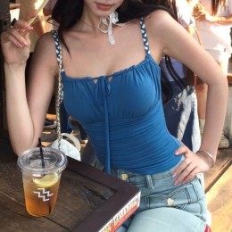 셔링 리본 끈나시 나시탑 여름 글램 탑