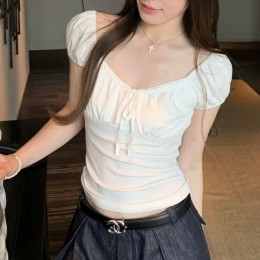 레이스 리본 셔링 스퀘어넥 슬림핏 퍼프 티셔츠